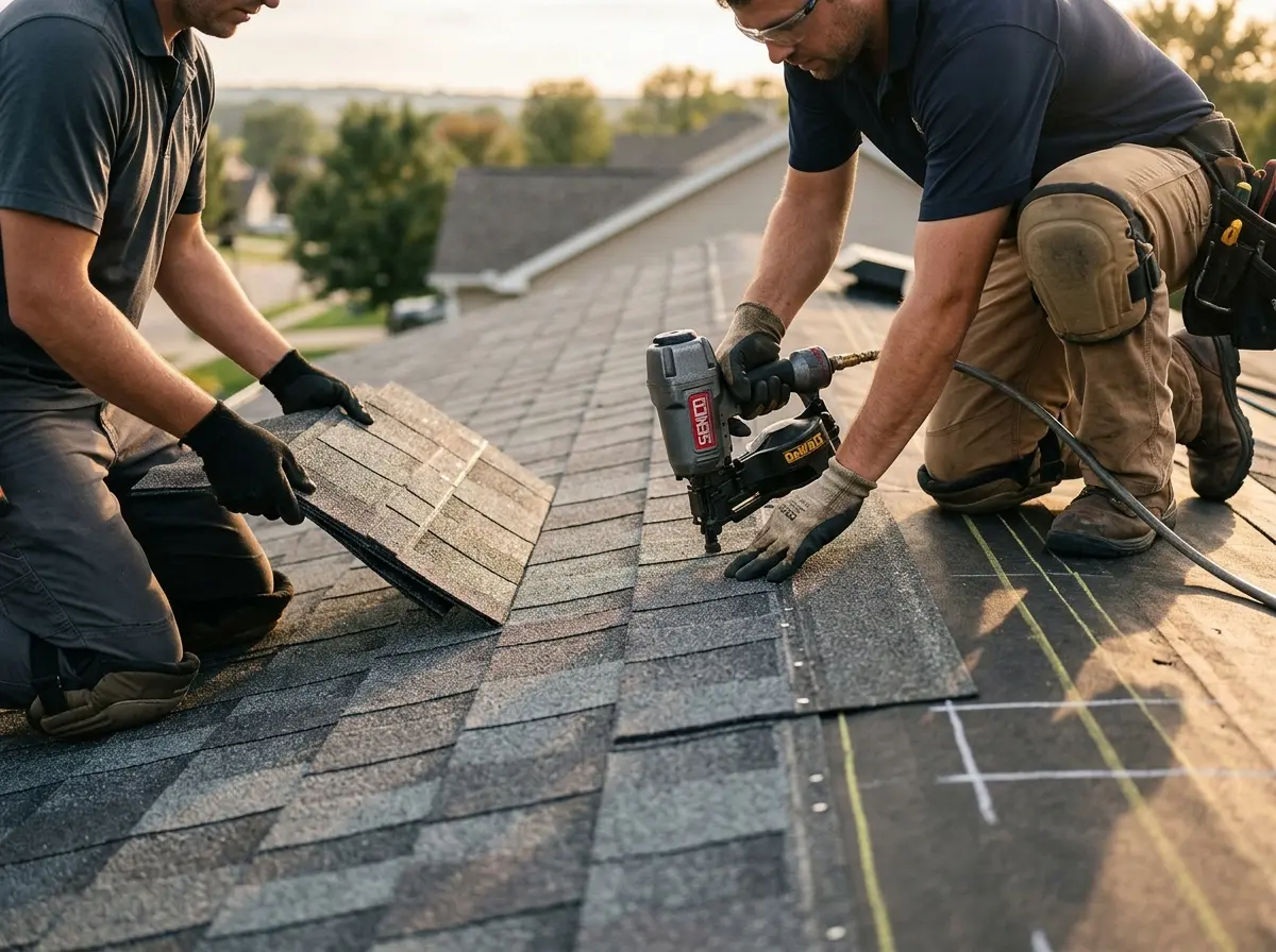 Professional roofer working on a residential roof in Fruitland